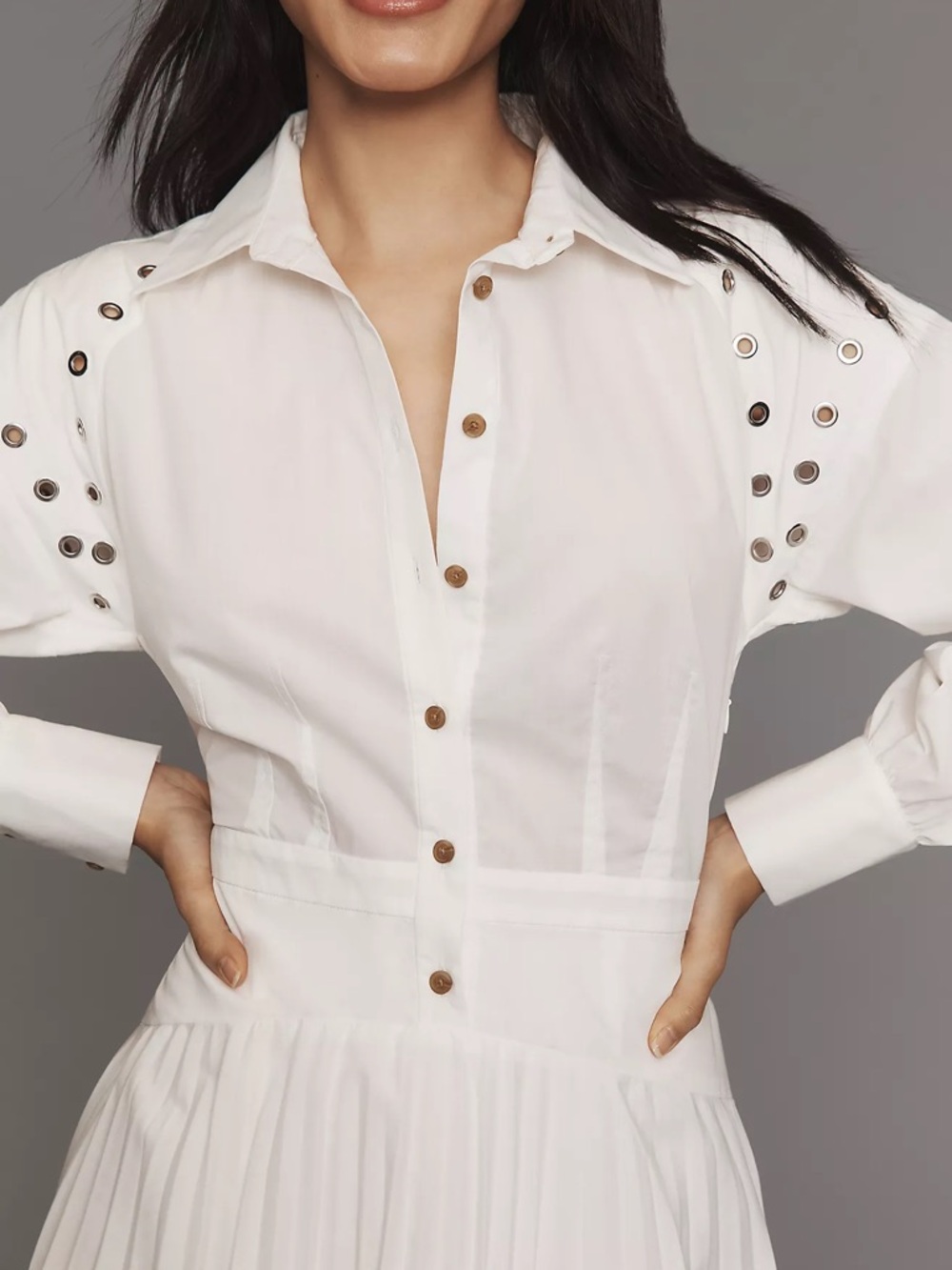 By Anthropologie Long-Sleeve Pleated Mini Shirt Dress - Picture 3 of 8